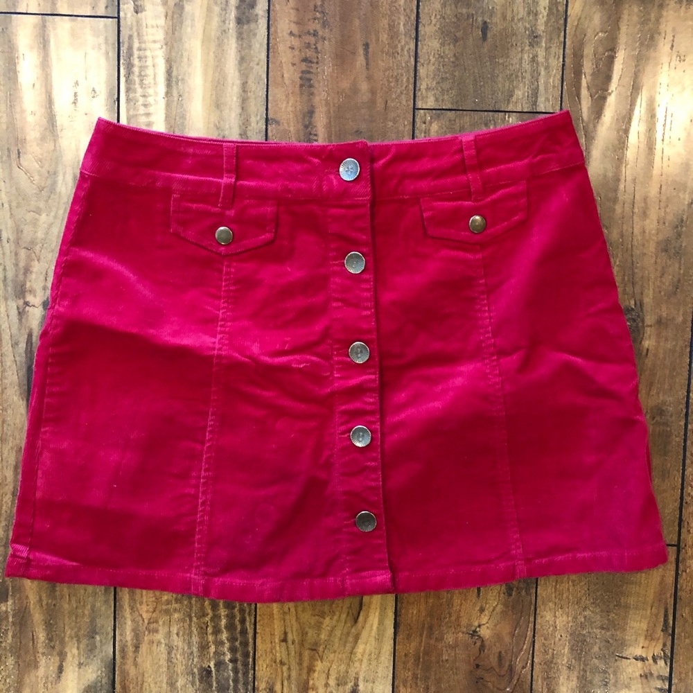 Red, corduroy button front mini skirt